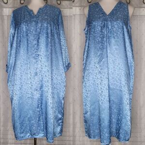 Vtg National Sz M Blue Floral Satin Burnout Peignoir Robe Nightgown Boudoir Set